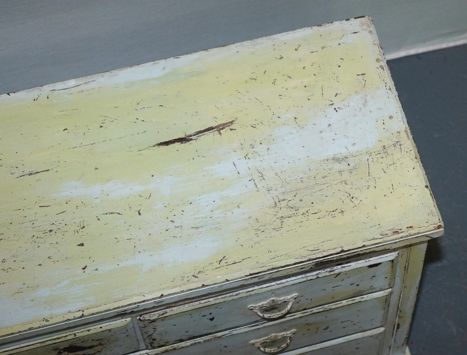 1750.0 Antique Hand Painted Pale Pine Green Three Drawer Chest Of Drawers photo