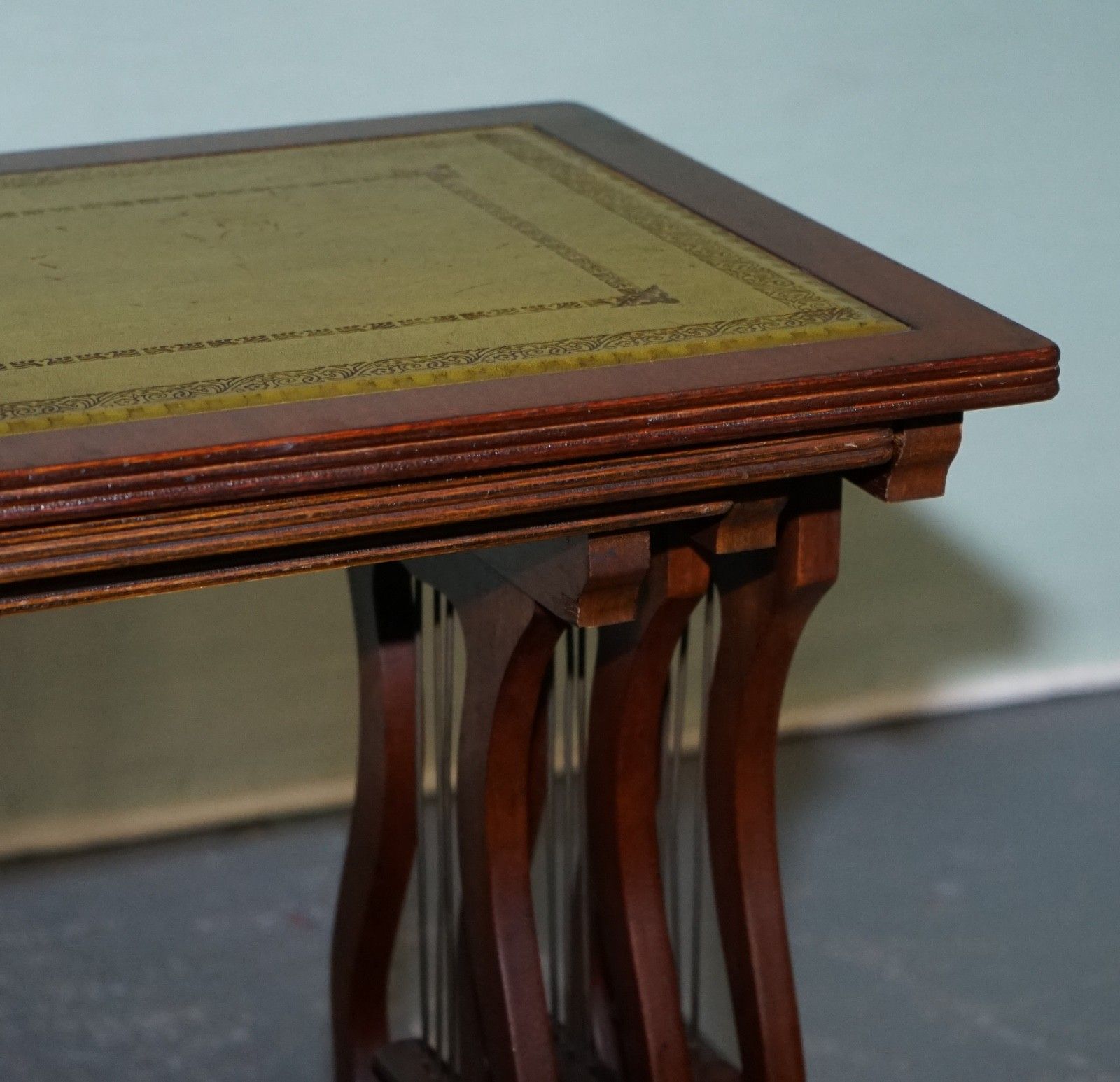 photo furniture Vintage Lyre Base Green Leather Top Nest Of Tables Side Tables
