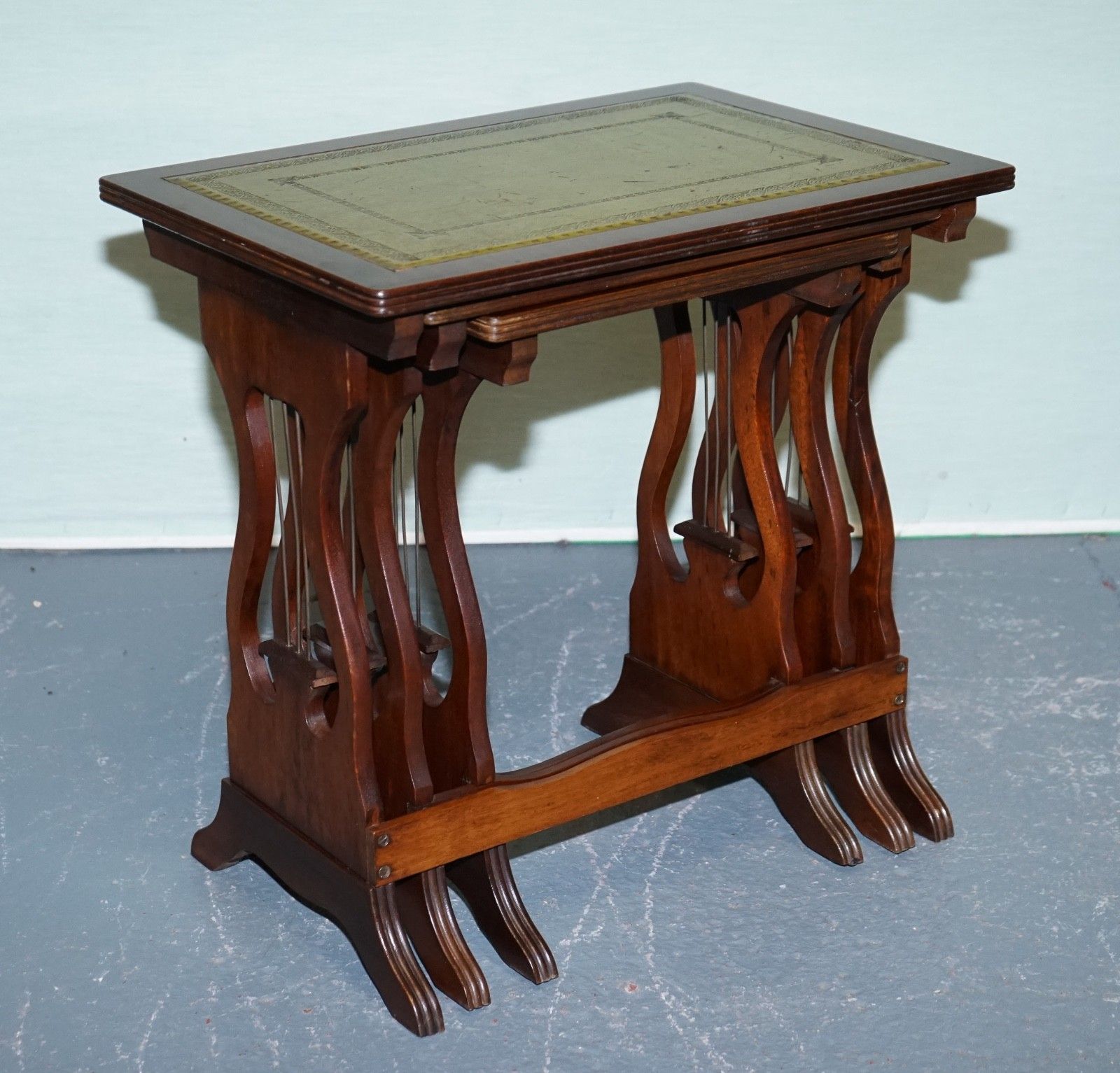 950.0 Vintage Lyre Base Green Leather Top Nest Of Tables Side Tables photo
