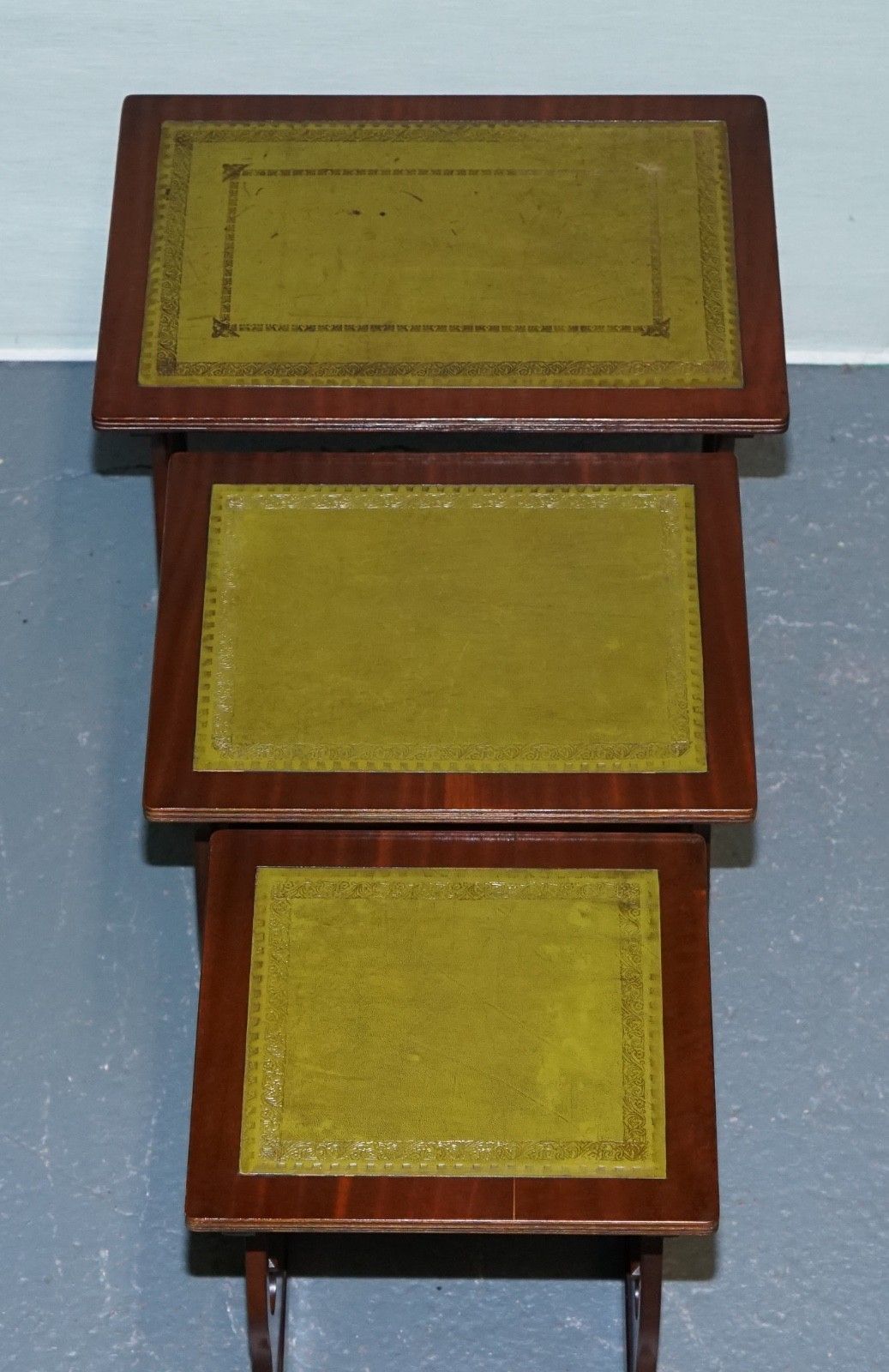 photo vinterior Vintage Lyre Base Green Leather Top Nest Of Tables Side Tables