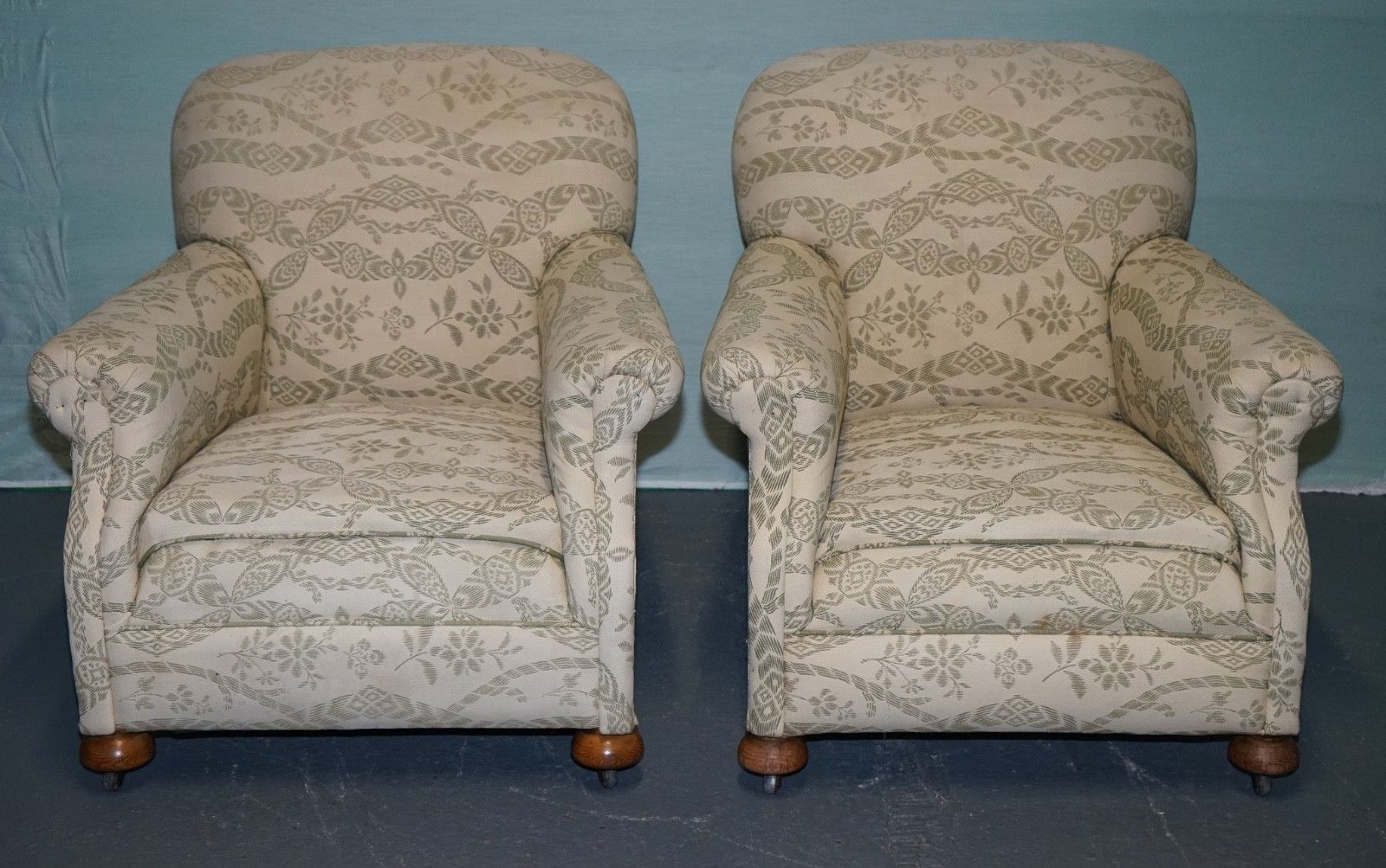 Pair Of Victorian Club Armchairs Floral Cream Upholstery Fully Sprung Seats photo for sale