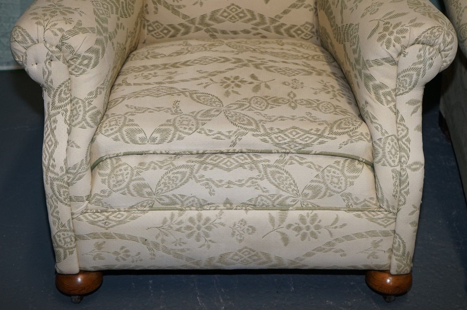 Pair Of Victorian Club Armchairs Floral Cream Upholstery Fully Sprung Seats photo buy