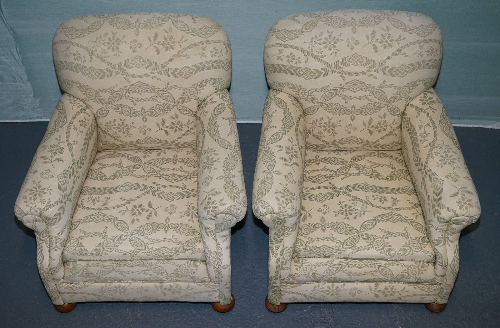 photo furniture Pair Of Victorian Club Armchairs Floral Cream Upholstery Fully Sprung Seats
