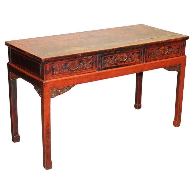 1800 Antique Qing Dynasty Lacquered Oriental Chinese Console Table Carved Floral