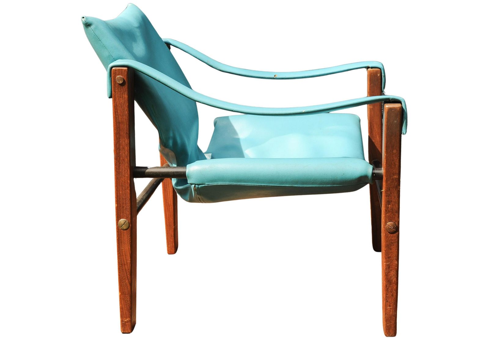 Mid Century Maurice Burke For Arkana Teak & Steel Safari Chair & Matching Footstool In Turquoise Upholstery Made In Falkirk, Scotland 1970's photo vinterior