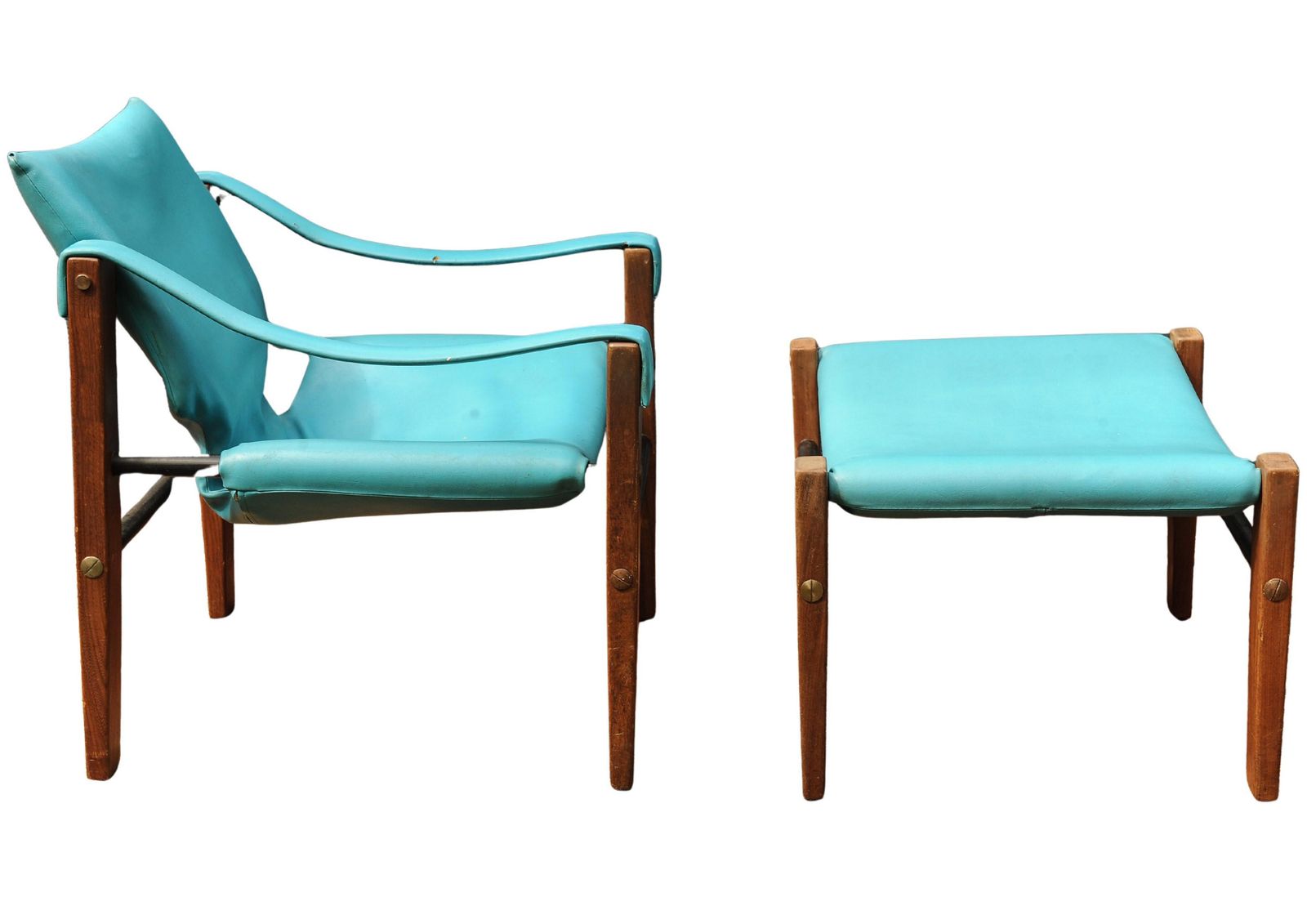 Mid Century Maurice Burke For Arkana Teak & Steel Safari Chair & Matching Footstool In Turquoise Upholstery Made In Falkirk, Scotland 1970's photo for sale