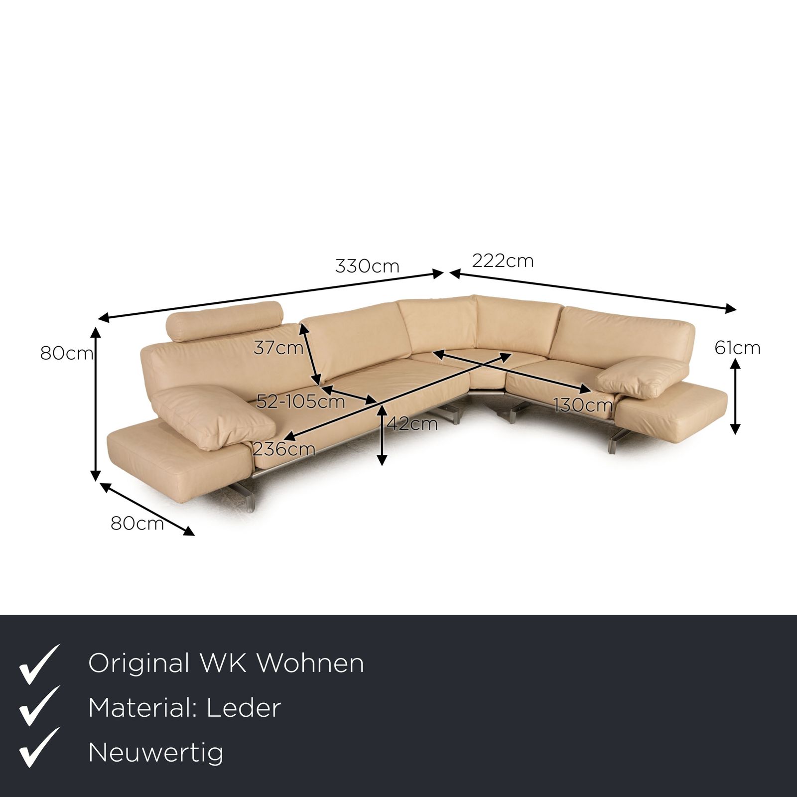 Canapé d'angle WK Wohnen Gaetano 687 en simili-cuir vegan crème (Gavin par Höpke), fonction relaxation, nouveau revêtement microfibre photo furniture