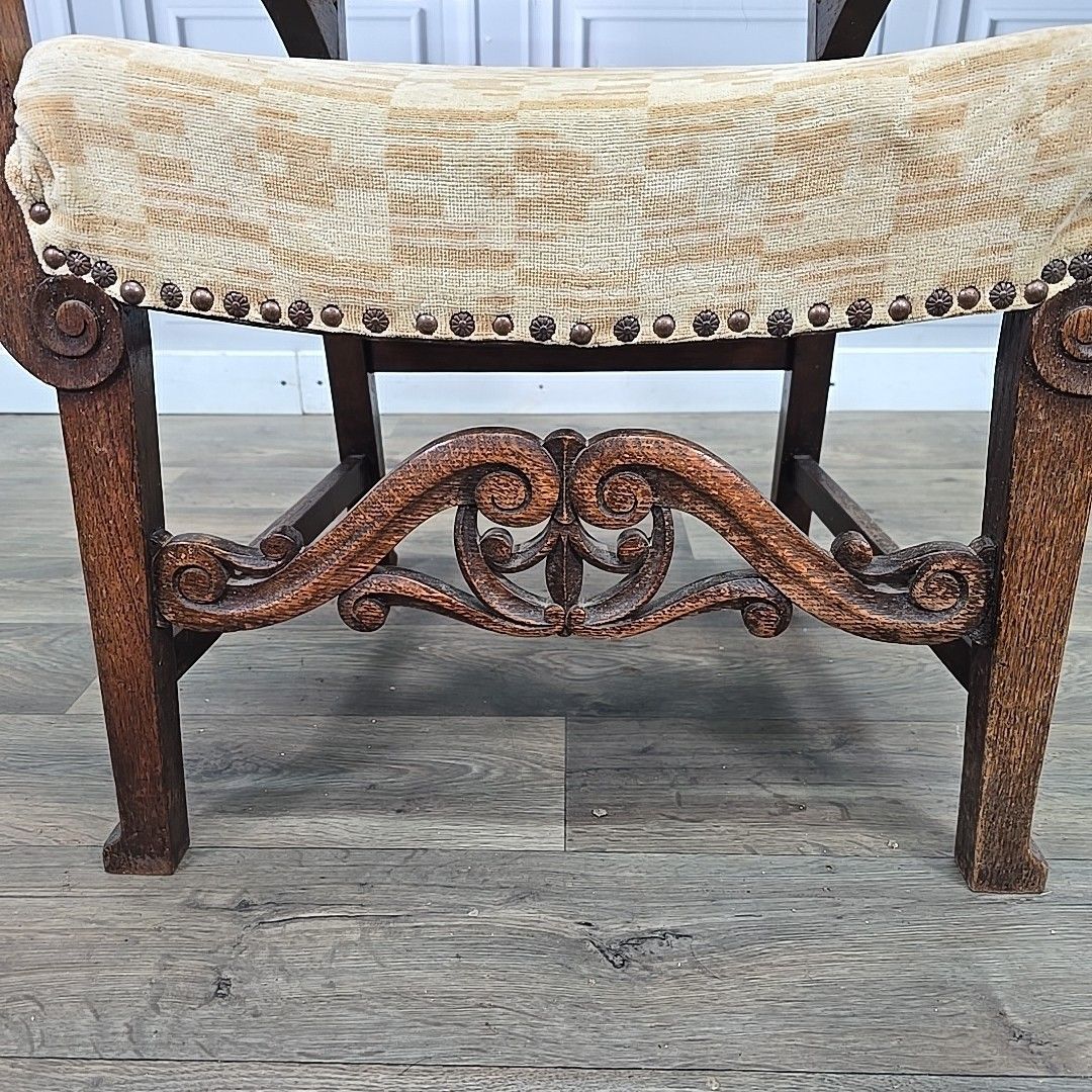 Antique Oak Armchair – Arts & Crafts Style – Upholstered & Carved Wooden Chair photo 210.0