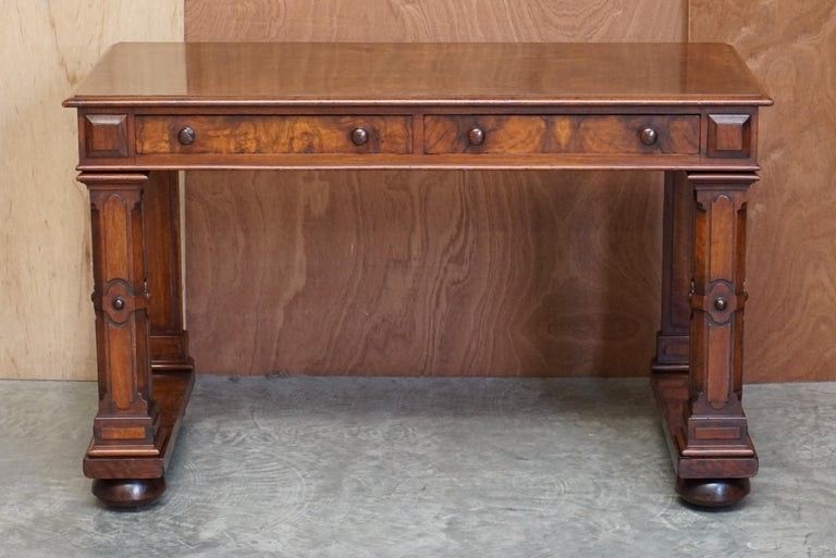 Antique 1850 Renaissance Revival Burr Walnut Pugin Gothic Writing Table Desk photo furniture