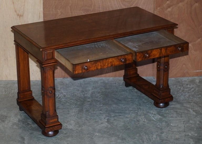 photo buy Antique 1850 Renaissance Revival Burr Walnut Pugin Gothic Writing Table Desk