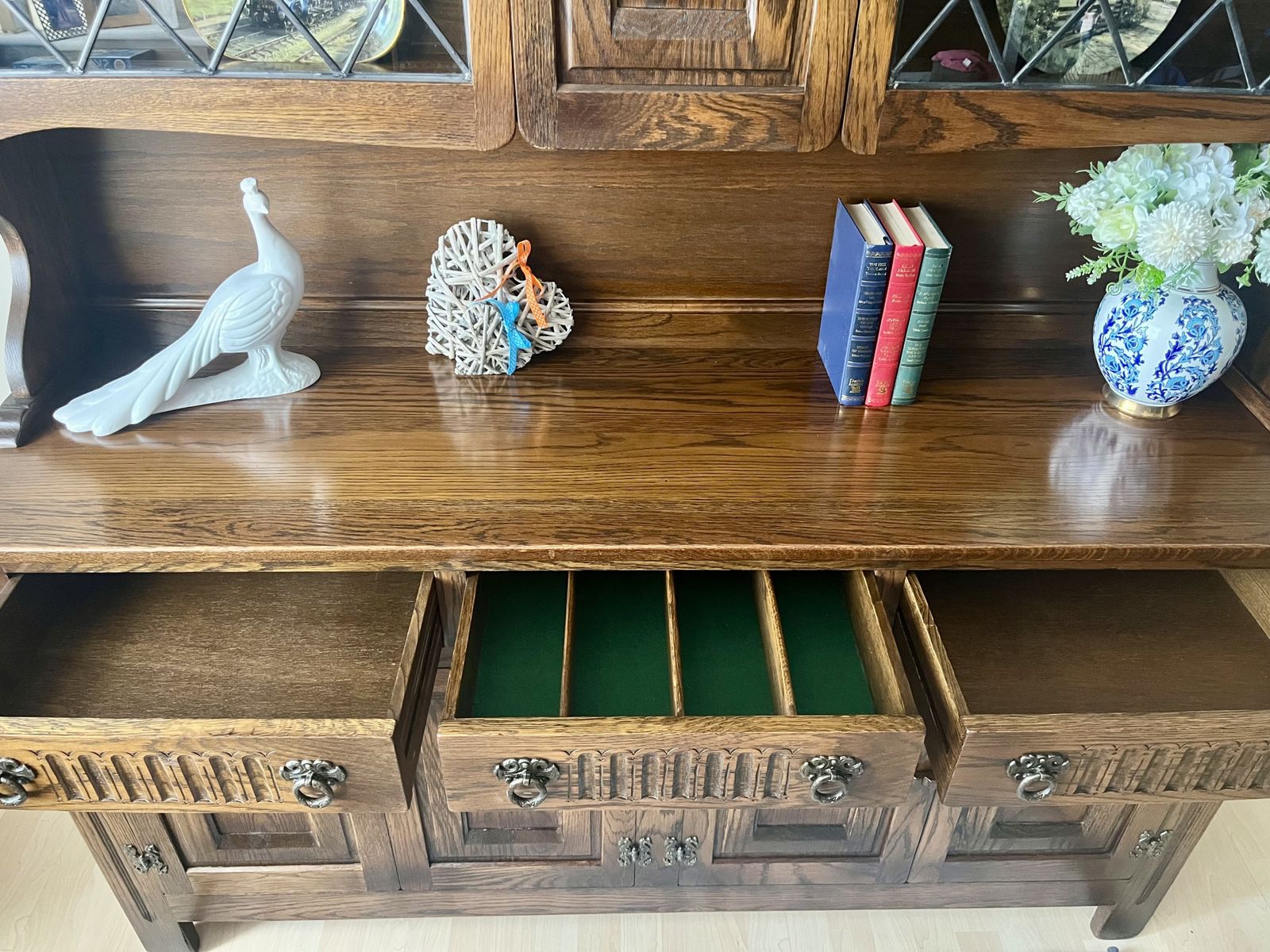 Restored Vintage Webber Dresser | Dark Oak China Cabinet | French Country Buffet Hutch photo for sale