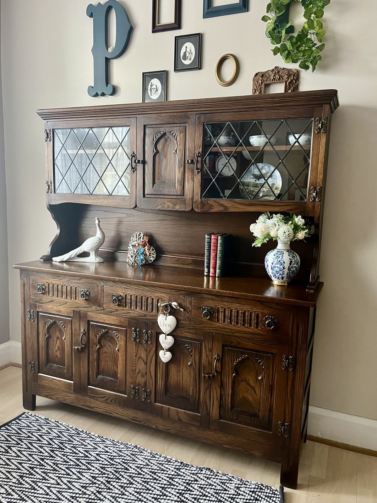 Restored Vintage Webber Dresser | Dark Oak China Cabinet | French Country Buffet Hutch photo 785.0