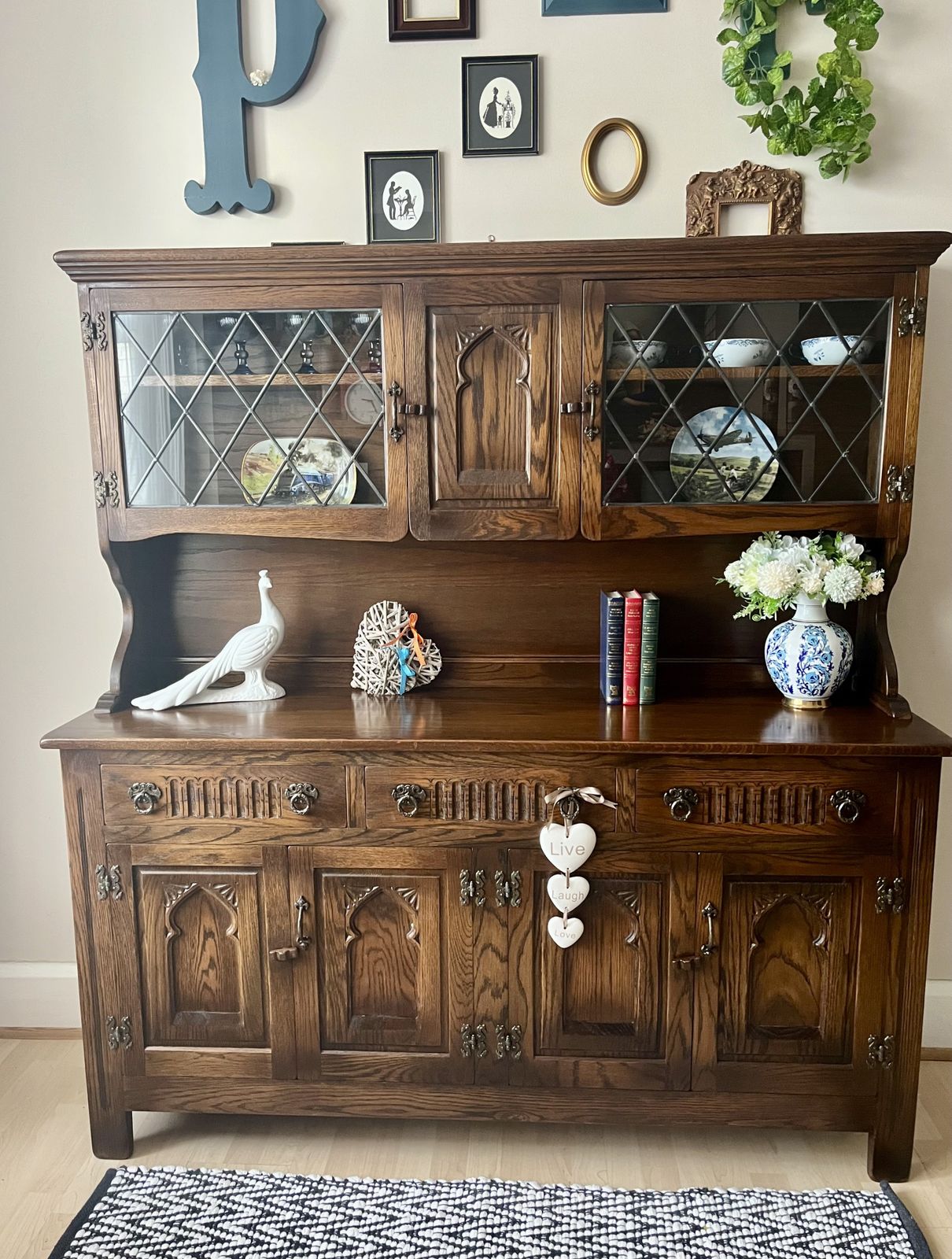 Restored Vintage Webber Dresser | Dark Oak China Cabinet | French Country Buffet Hutch photo buy