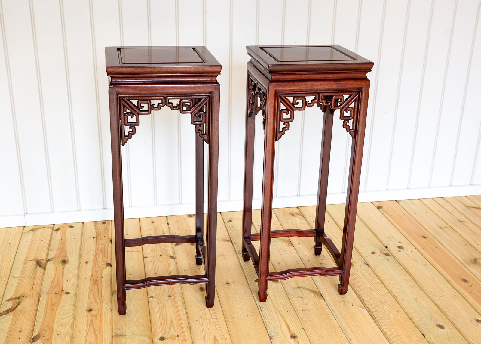 photo for sale Chinese Hardwood Plant Stands Side Tables Pair Lamp Tables Hongmu Antiqu.E Qing Oriental Pierce Carved Humpback Open Fretwork