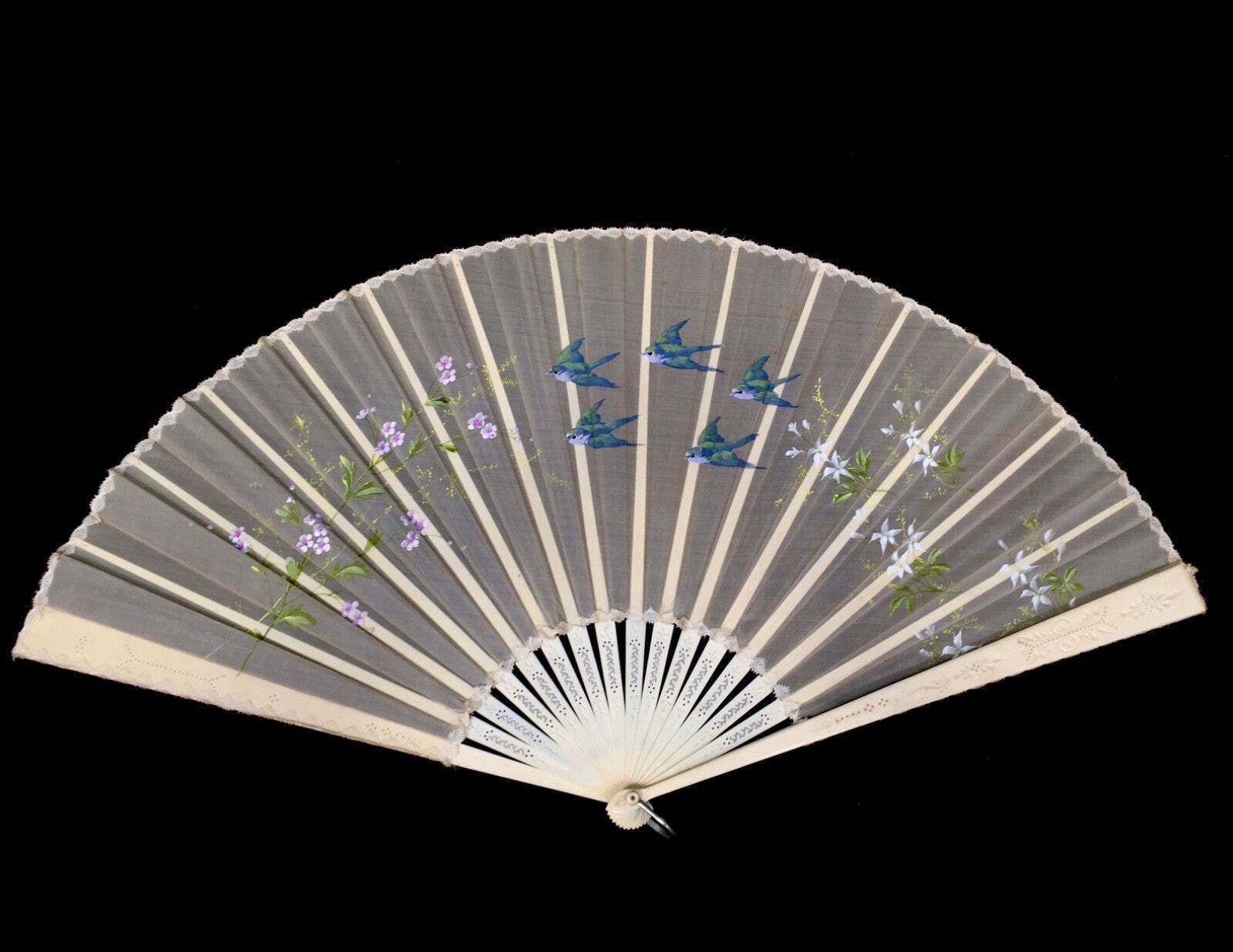 Antique Victorian Painted Silk Ladies Travel Hand Fan / 19th Century / C.1890