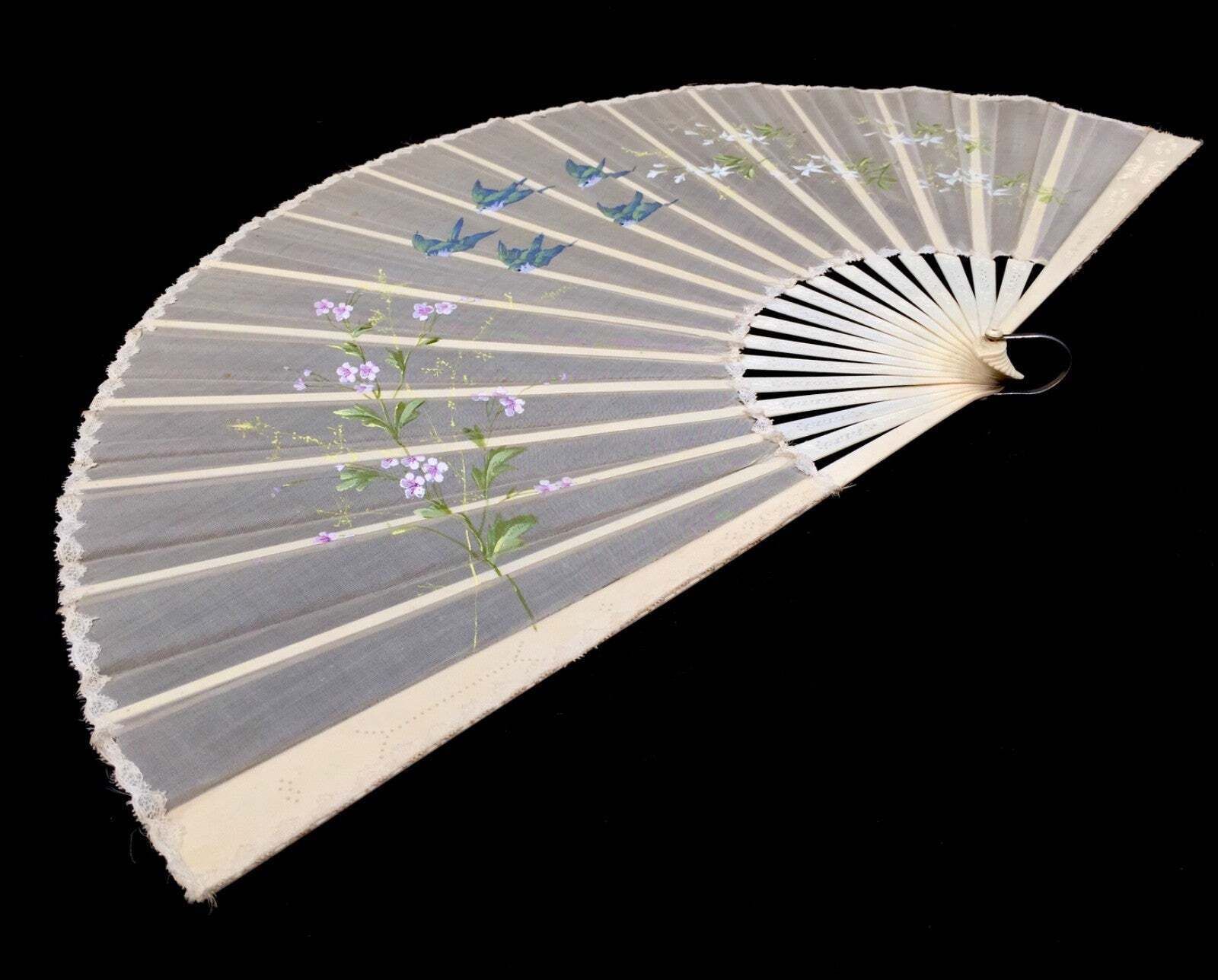 Antique Victorian Painted Silk Ladies Travel Hand Fan / 19th Century / C.1890 photo buy