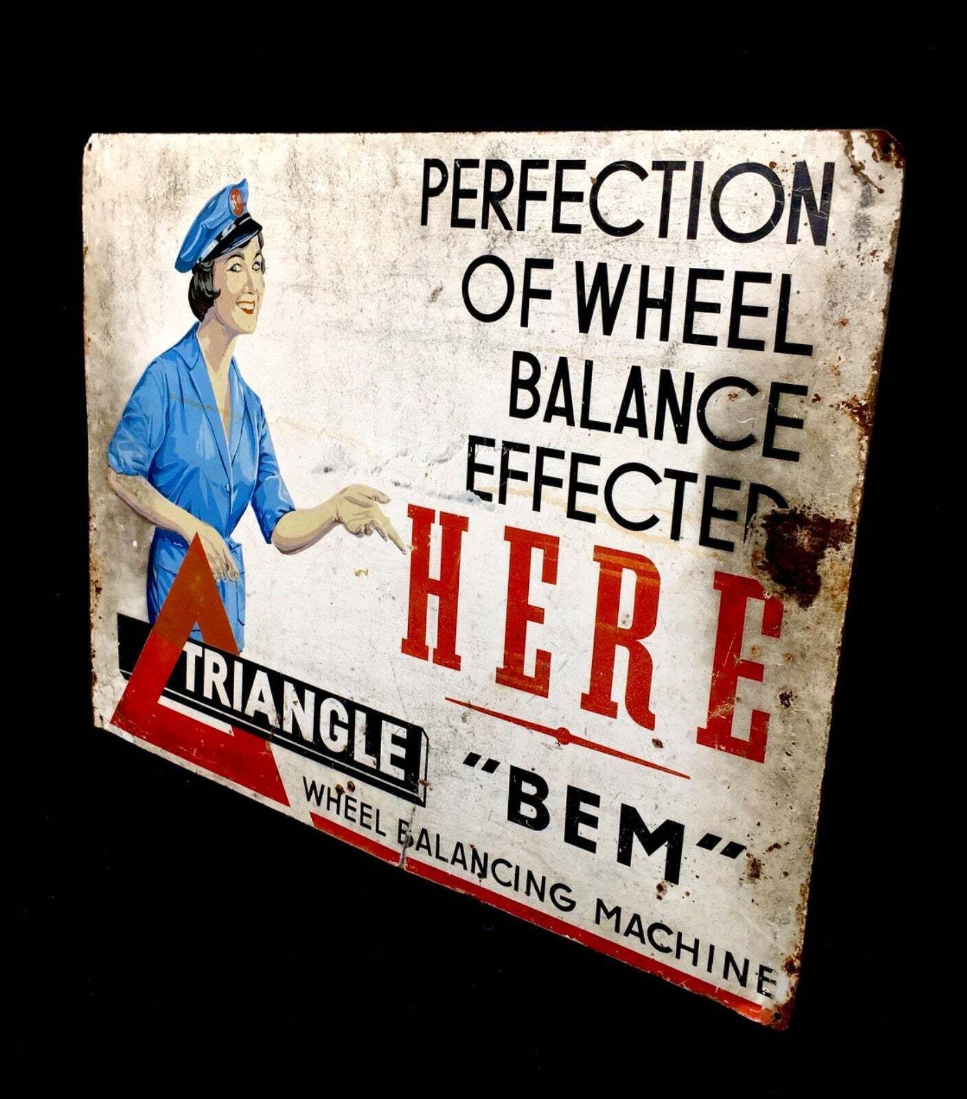 Antique Advertising Shop Display Garage Pictorial Car Sign Bem Wheel Balancing photo for sale