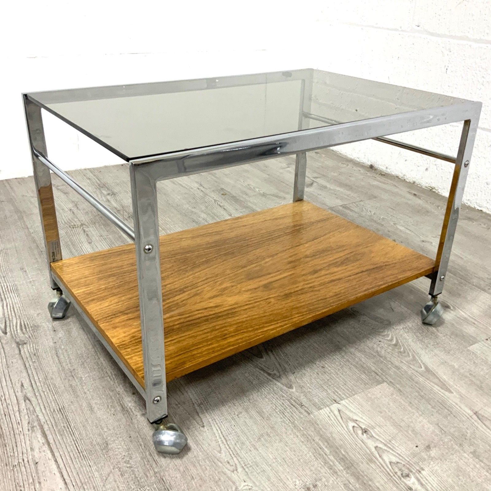 Howard Miller For Mda Side / Coffee Table Mid Century Modern Wood & Chrome photo vinterior