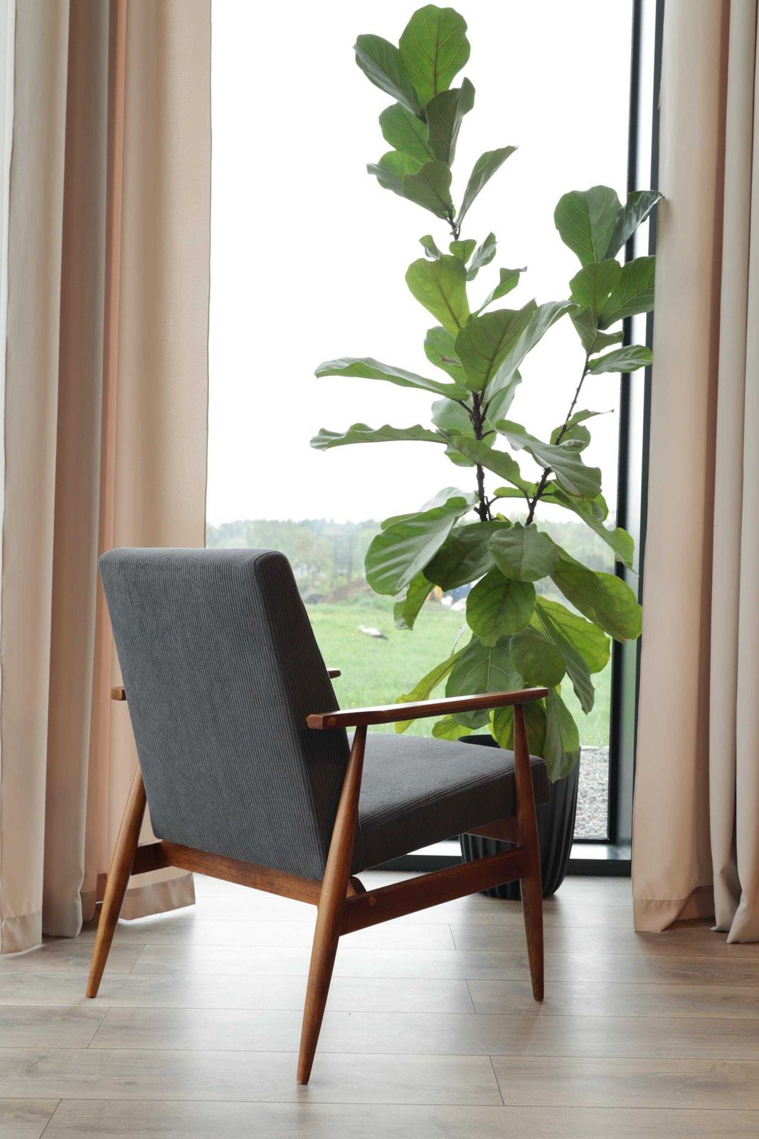 Lounge Chair Corduroy Dark Graphite Vintage Turned Legs Velvet Upholstery photo for sale