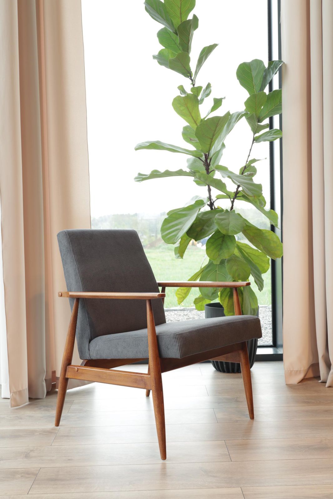 Lounge Chair Corduroy Dark Graphite Vintage Turned Legs Velvet Upholstery photo Furniture