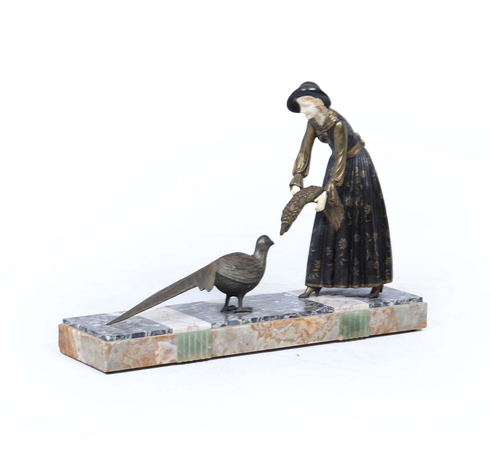 Art Deco Sculpture With Marble Base– Woman With Pheasant photo for sale