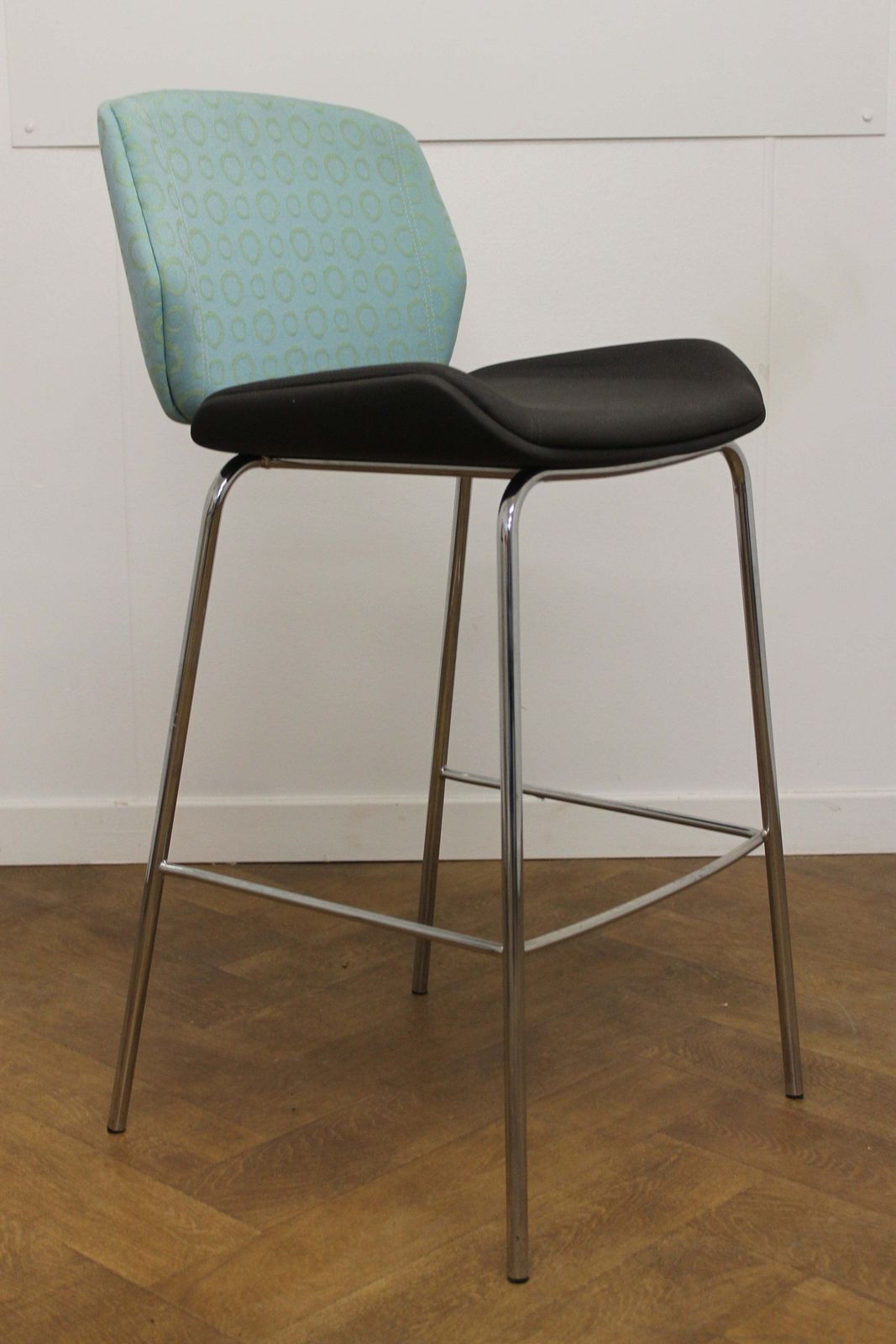 A Pair Of Boss Design Kruze Stool With Patterned Turquoise Cloth Back Brown Cloth Seat photo furniture