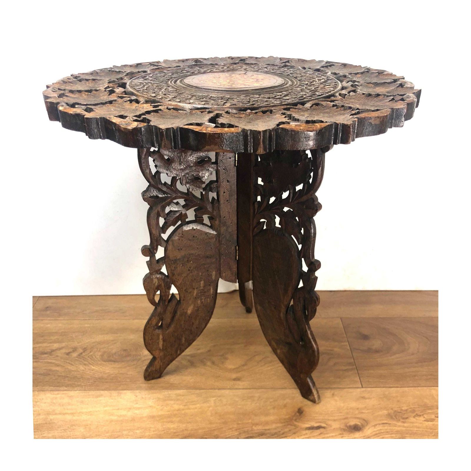 Vintage Round Indian Side Table Small Ornate Hand Carved Tea Table Indian Teak Side Table Inlay Top Anglo Indian Style Carved End Table photo furniture