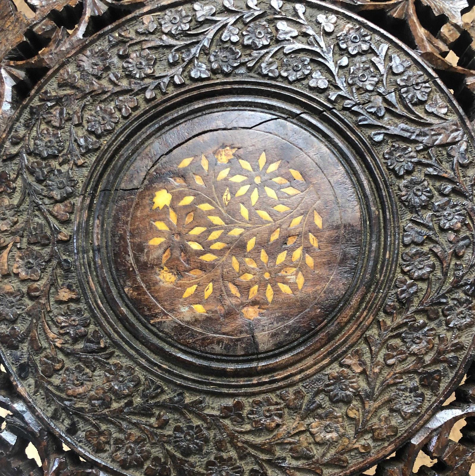 Vintage Round Indian Side Table Small Ornate Hand Carved Tea Table Indian Teak Side Table Inlay Top Anglo Indian Style Carved End Table photo vinterior