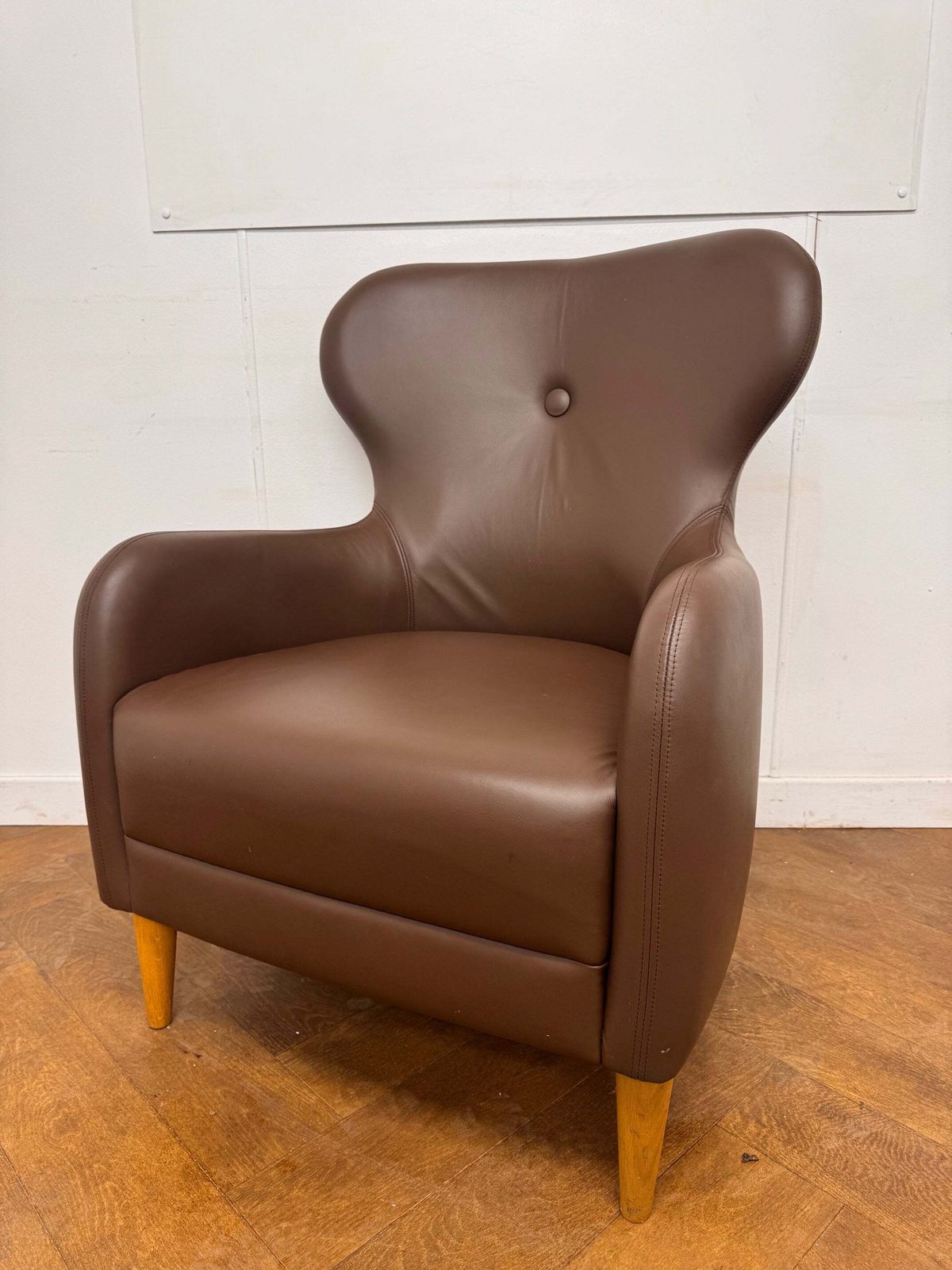 A Pair Of Boss Design "Mrs" Wing Back Button Back Brown Leather Armchair photo furniture
