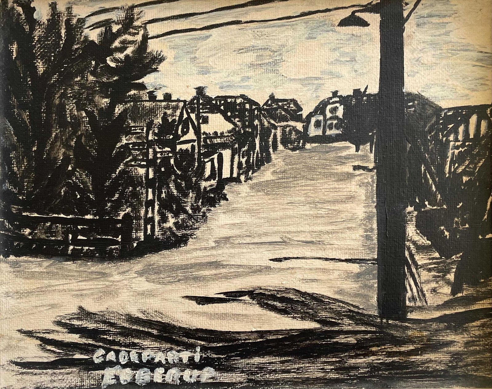 Antique Danish Black And White Oil On Plate Painting With Motive Of City Street In Ebberup, Denmark photo furniture