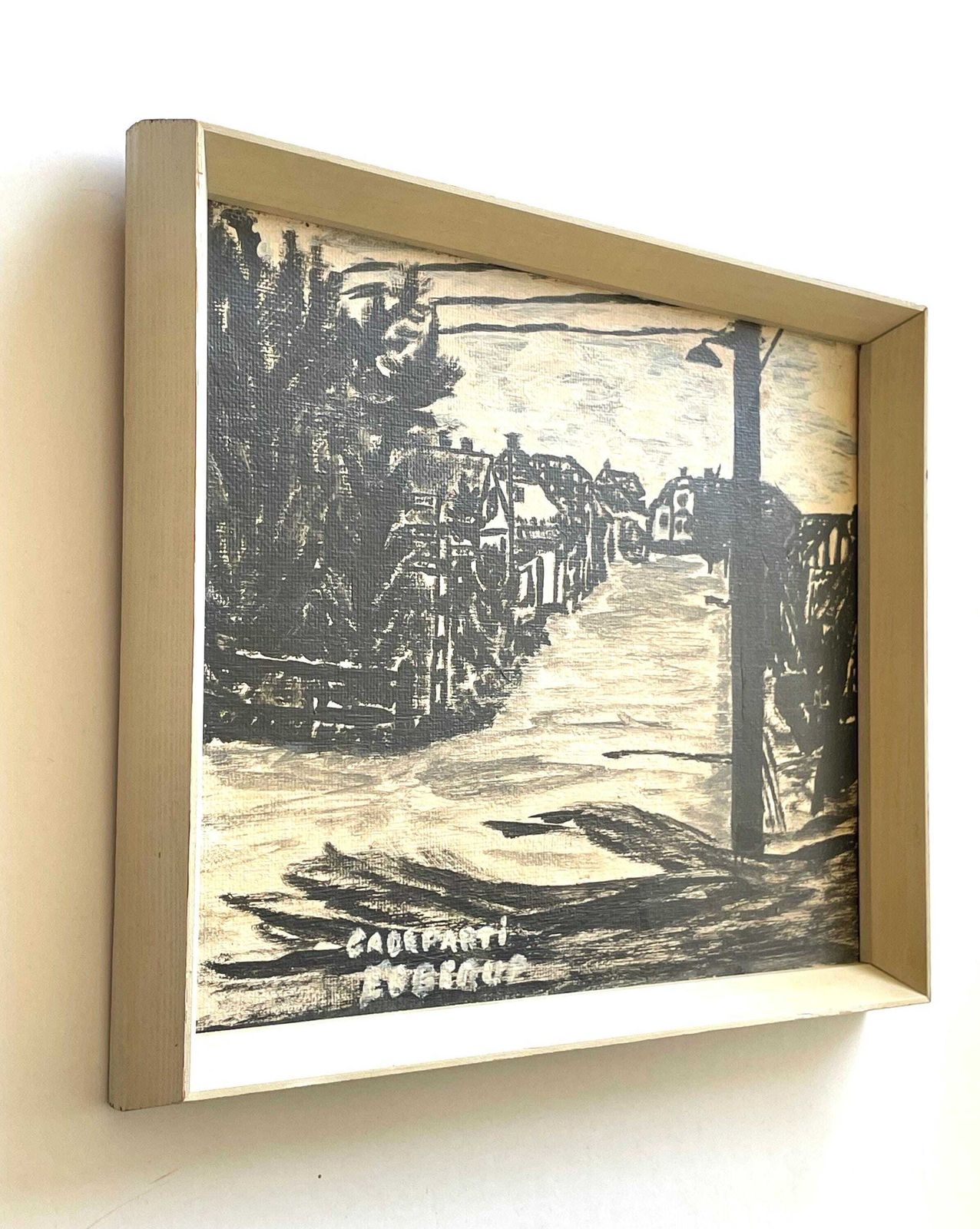 Antique Danish Black And White Oil On Plate Painting With Motive Of City Street In Ebberup, Denmark photo for sale