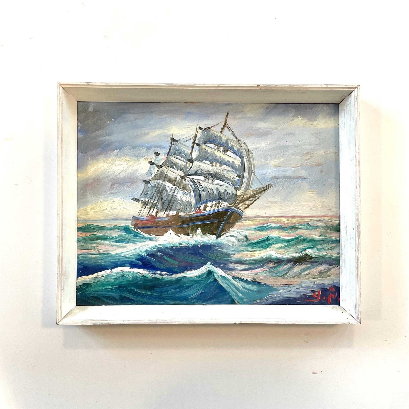 Vintage Maritime Oil Painting Of Ship With Sails At Sea   Original Danish Art From The 1960s