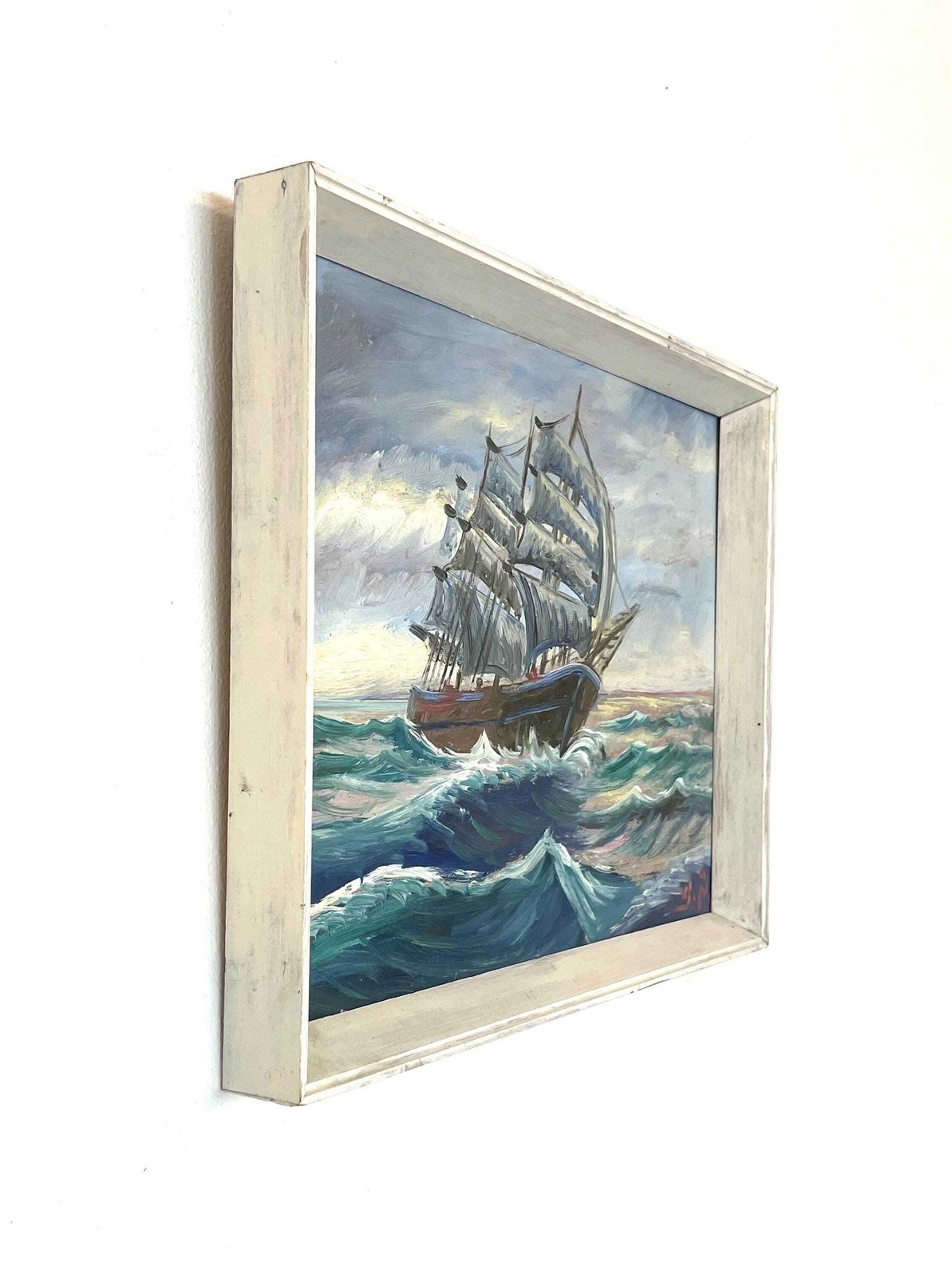 Vintage Maritime Oil Painting Of Ship With Sails At Sea   Original Danish Art From The 1960s photo Art