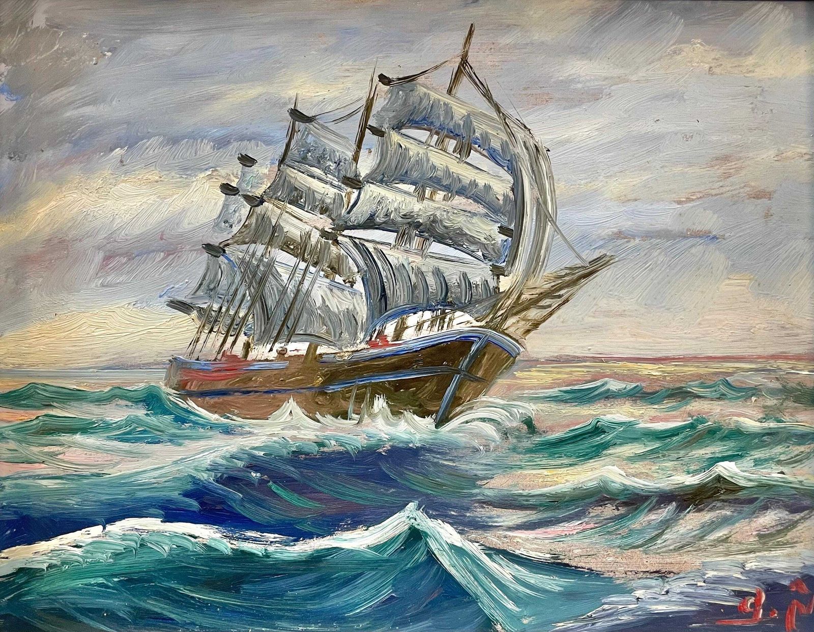 Vintage Maritime Oil Painting Of Ship With Sails At Sea   Original Danish Art From The 1960s photo 219.0