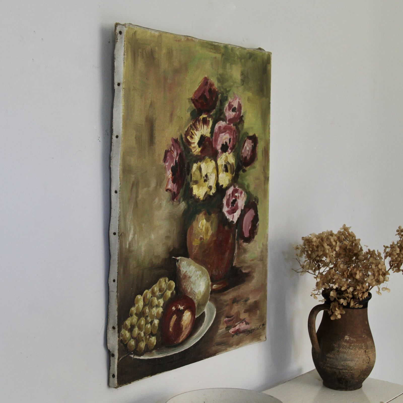 Large Mid Century French Floral Still Life, Oil On Canvas photo vintage