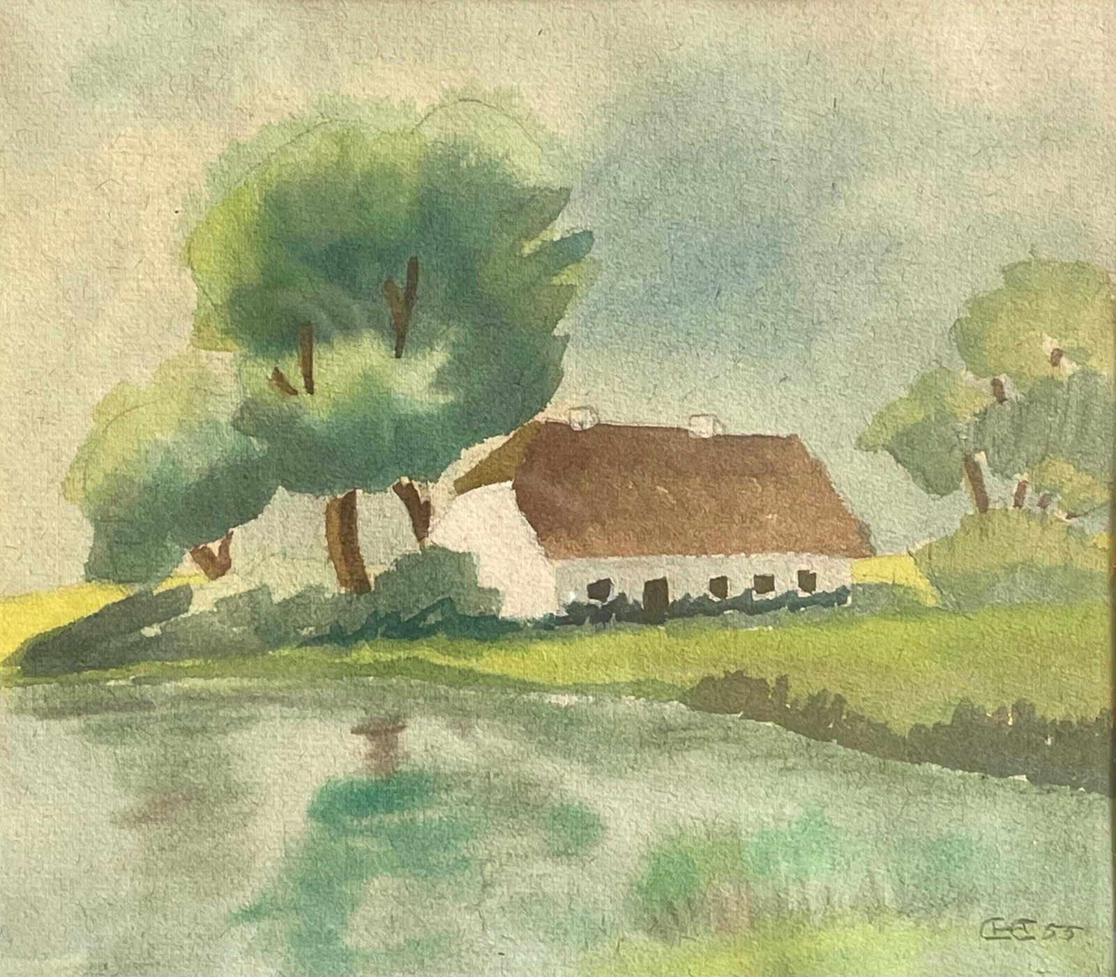 Cozy Vintage Danish Mid Century Watercolour Landscape Drawing Of Small House At A Lake In Summer Atmosphere photo furniture