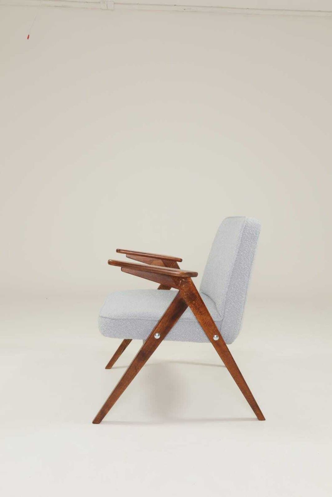 Vintage Lounge Chair Bouclè Baby Blue Dark Walnut, 1960 Scandinavian Design photo furniture