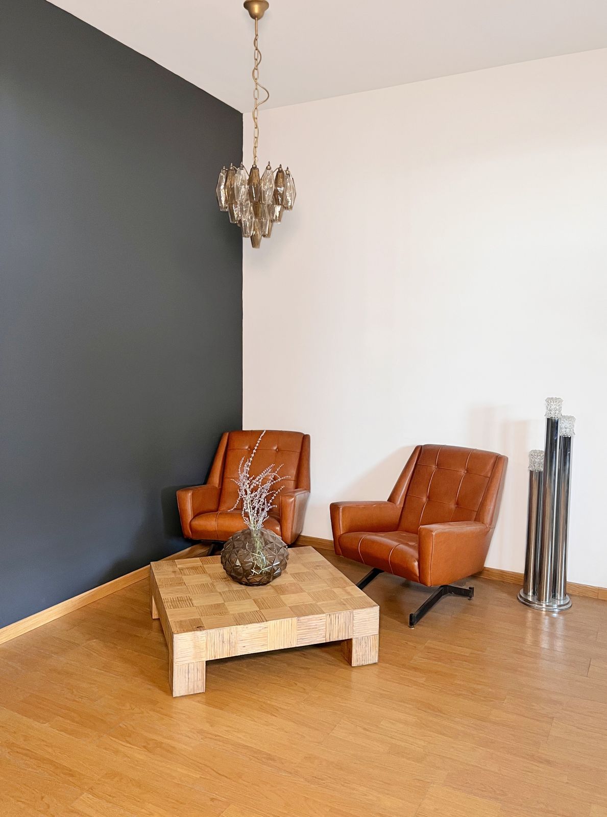 photo for sale Elegant Murano Poliedri Chandelier   Carlo Scarpa Design   Clear And Smoked Glasses