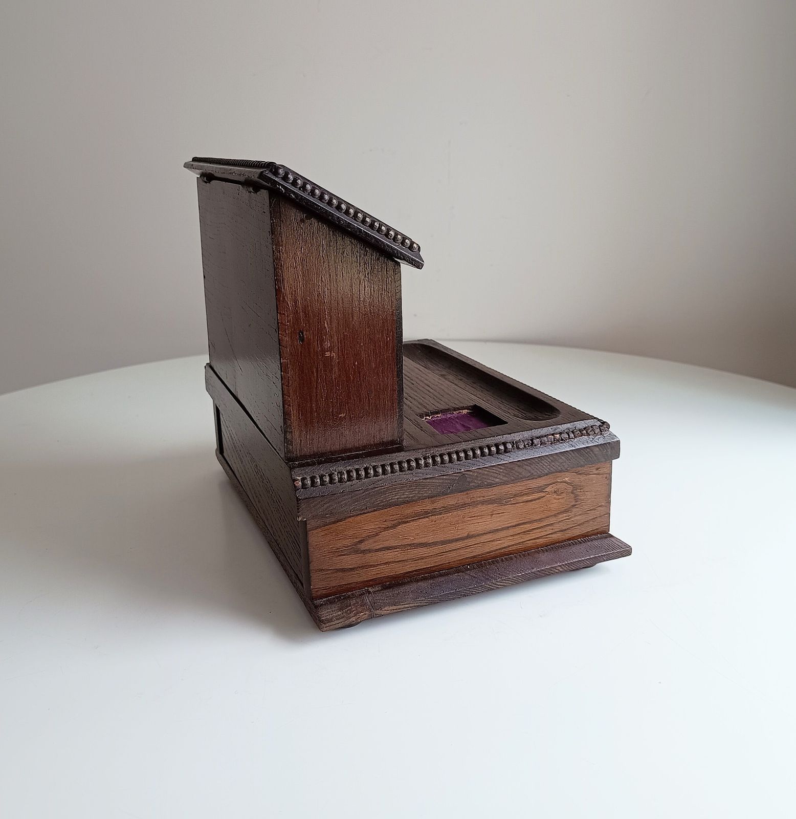 Antique English Small Oak Desk Tidy With Lidded Papers Holder And Pull Out Drawer, Cut Crystal Inkwells photo Furniture