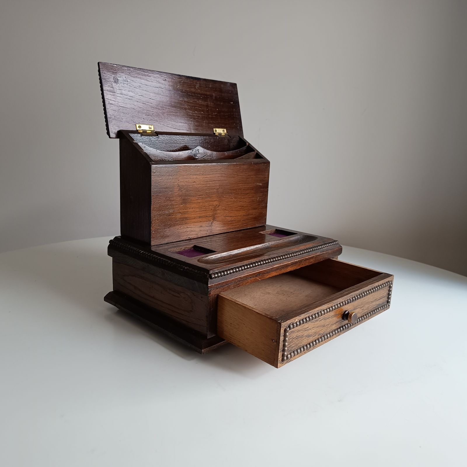 photo for sale Antique English Small Oak Desk Tidy With Lidded Papers Holder And Pull Out Drawer, Cut Crystal Inkwells