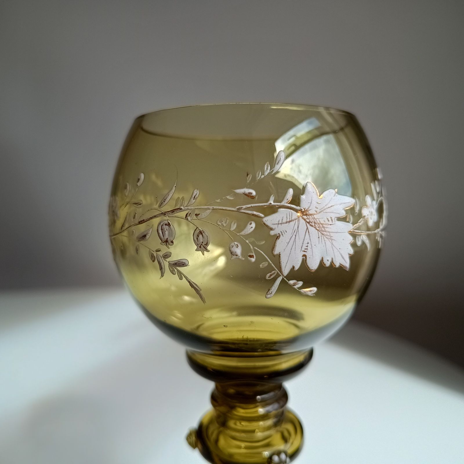 photo for sale Antique Jugendstil Fritz Heckert Tall Stem Enamelled Drinking Glass   Olive Green, Renaissance Revival