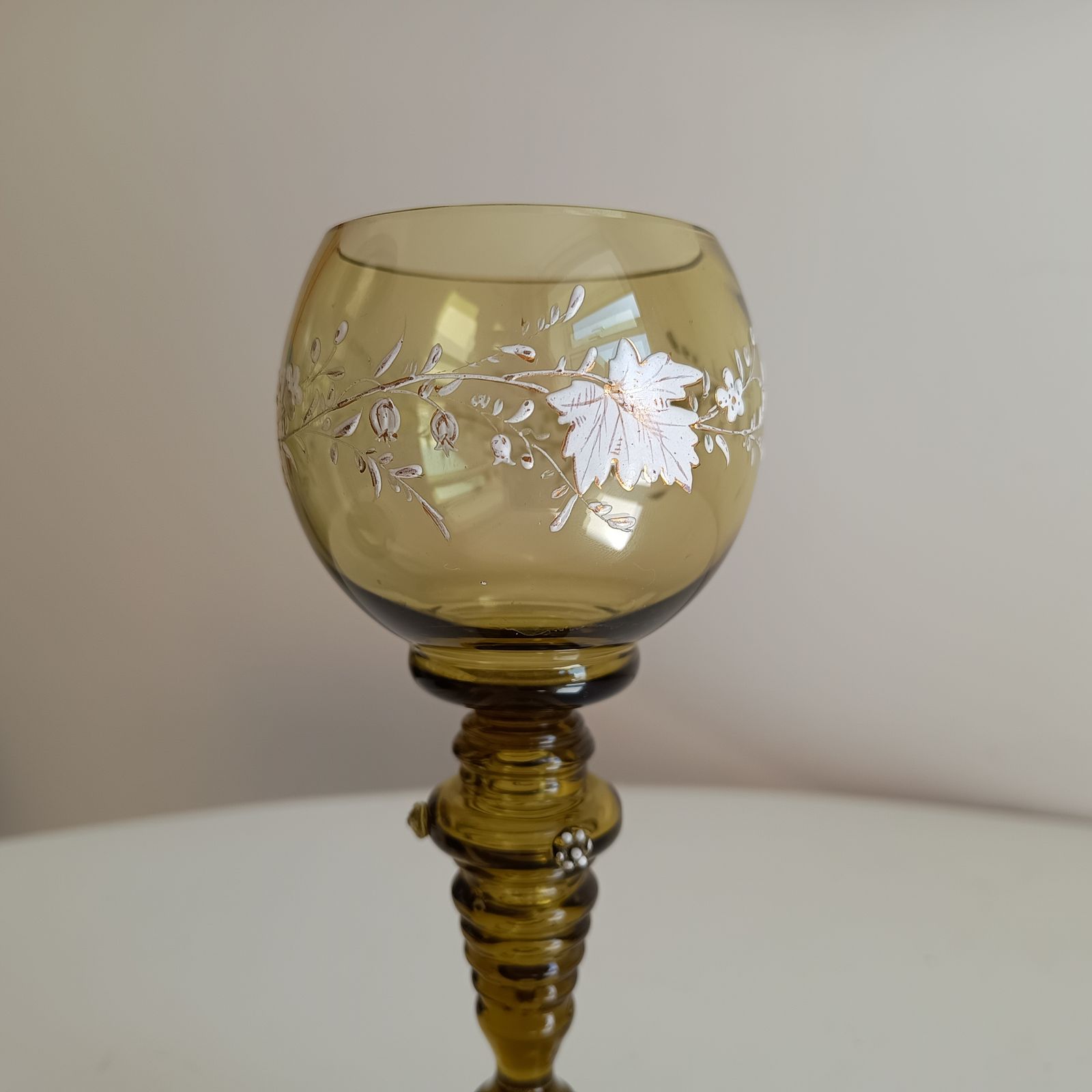 Home Decor Antique Jugendstil Fritz Heckert Tall Stem Enamelled Drinking Glass   Olive Green, Renaissance Revival photo