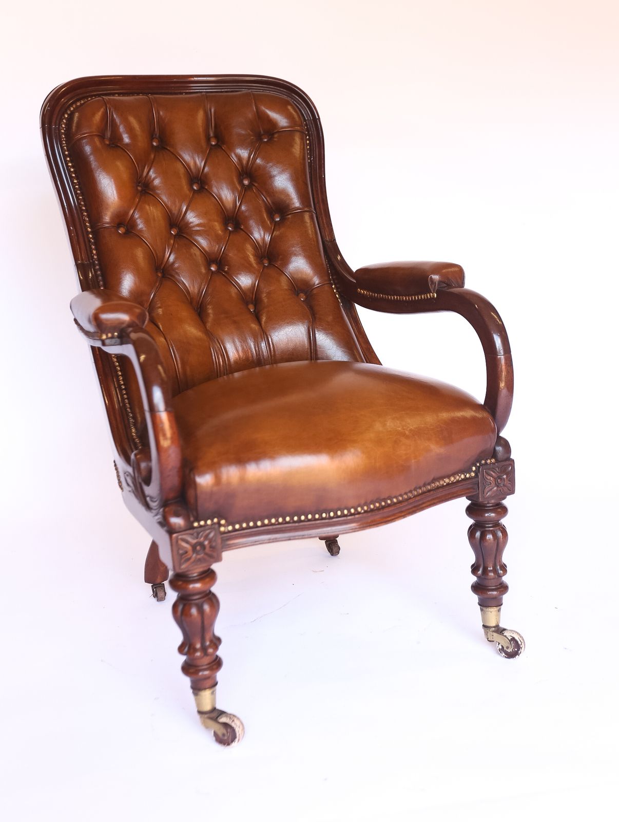 W1v Mahogany & Carved  Leather Library Chair