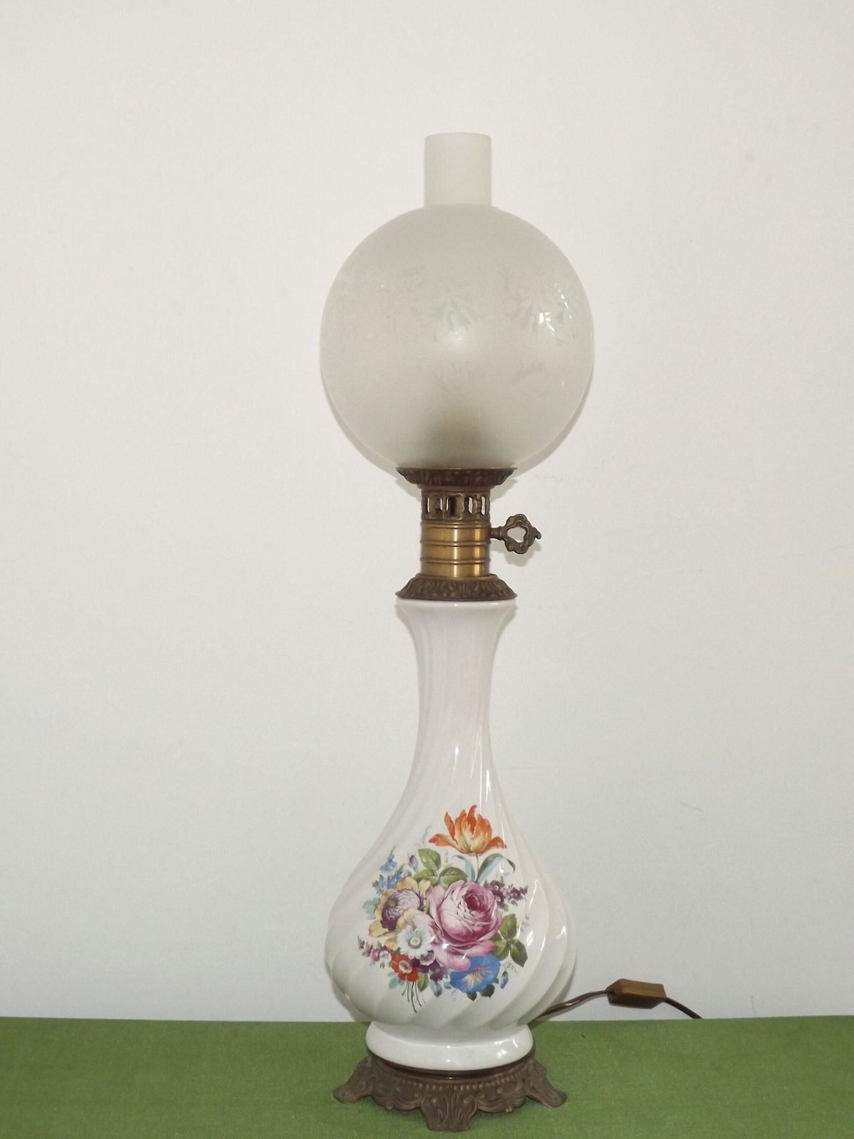 White Porcelain Floral Lantern Table Lamp With Pattern Glass Shade & Funnel   Vintage French Lighting. Tall Porcelain And Bronze Table Lamp photo furniture