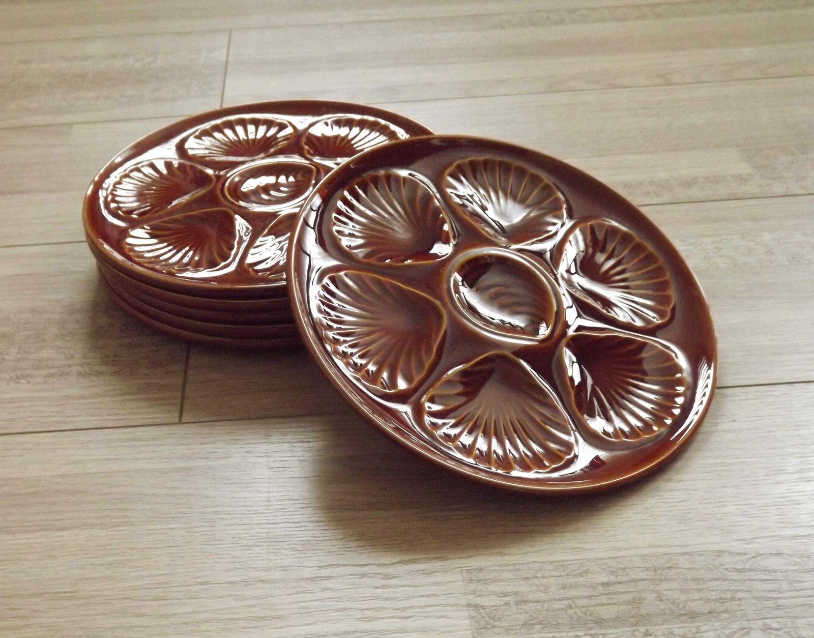 Set Of 6 Vintage French Majolica Brown Oyster Plates For 6 Oysters With Lemon Well. Vintage French. Tableware. Brown Oyster Serving Plates. photo furniture