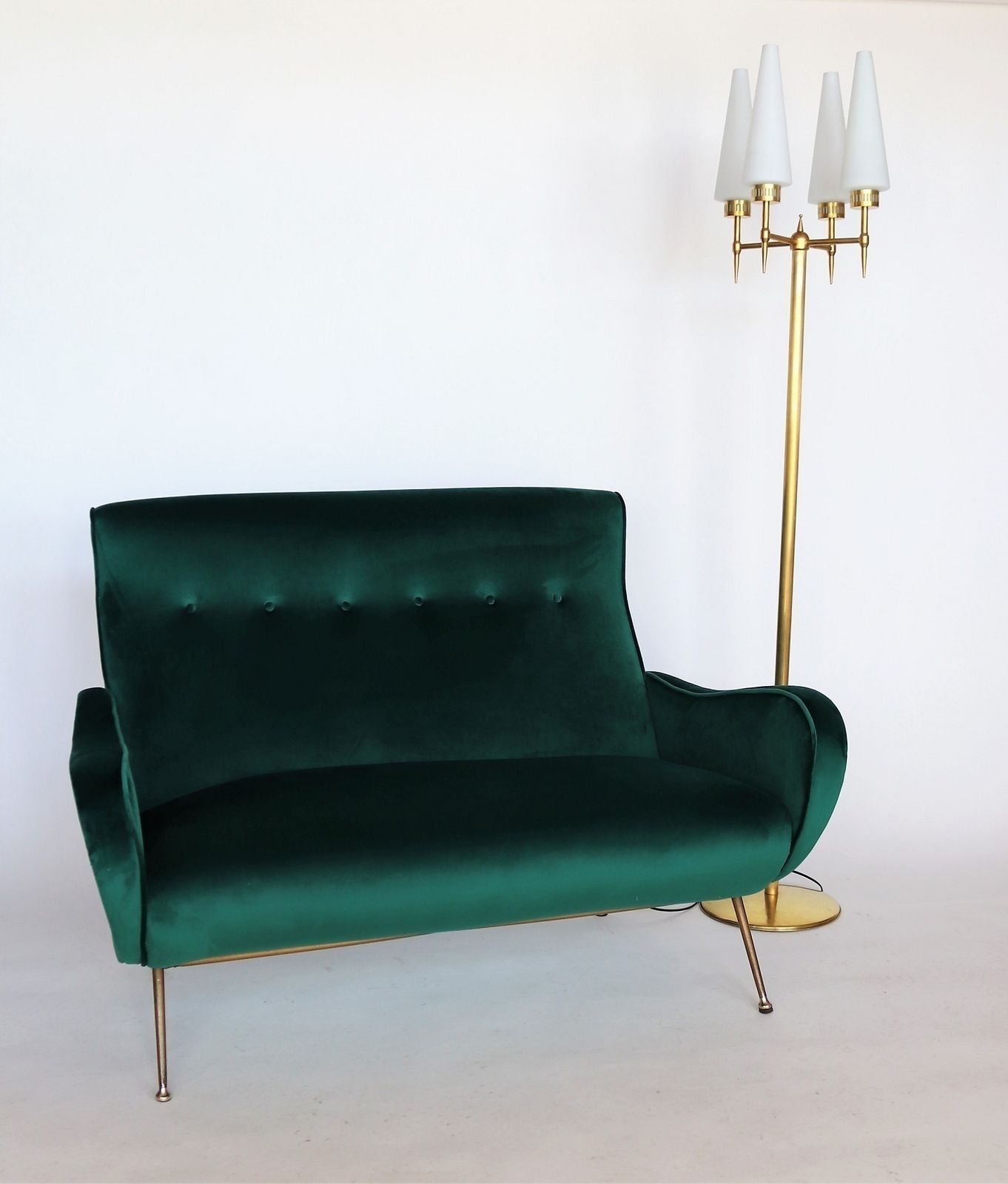 Italian Designer Sofa Or Loveseat In Green Velvet And Brass, 1950s photo vinterior