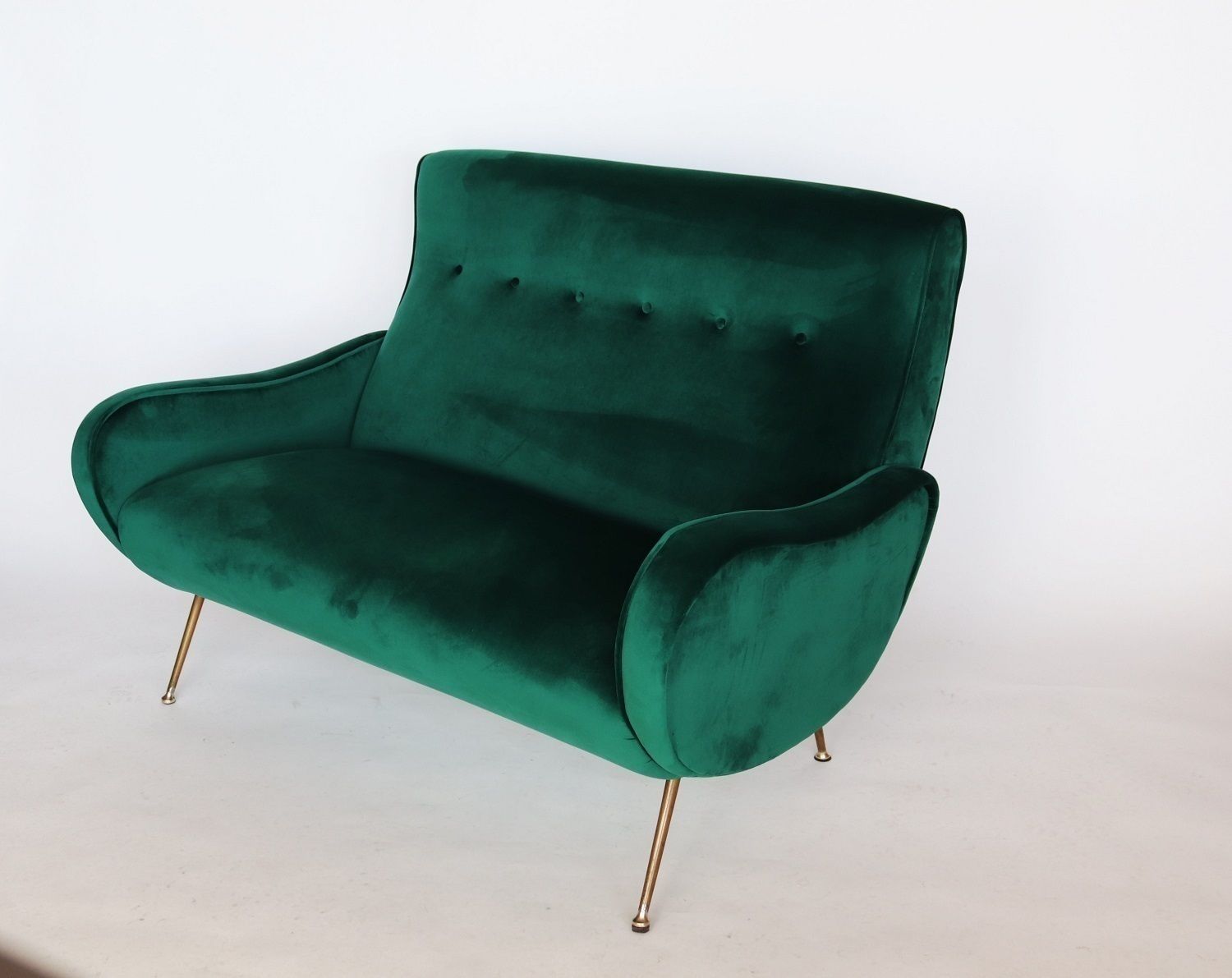 photo vinterior Italian Designer Sofa Or Loveseat In Green Velvet And Brass, 1950s