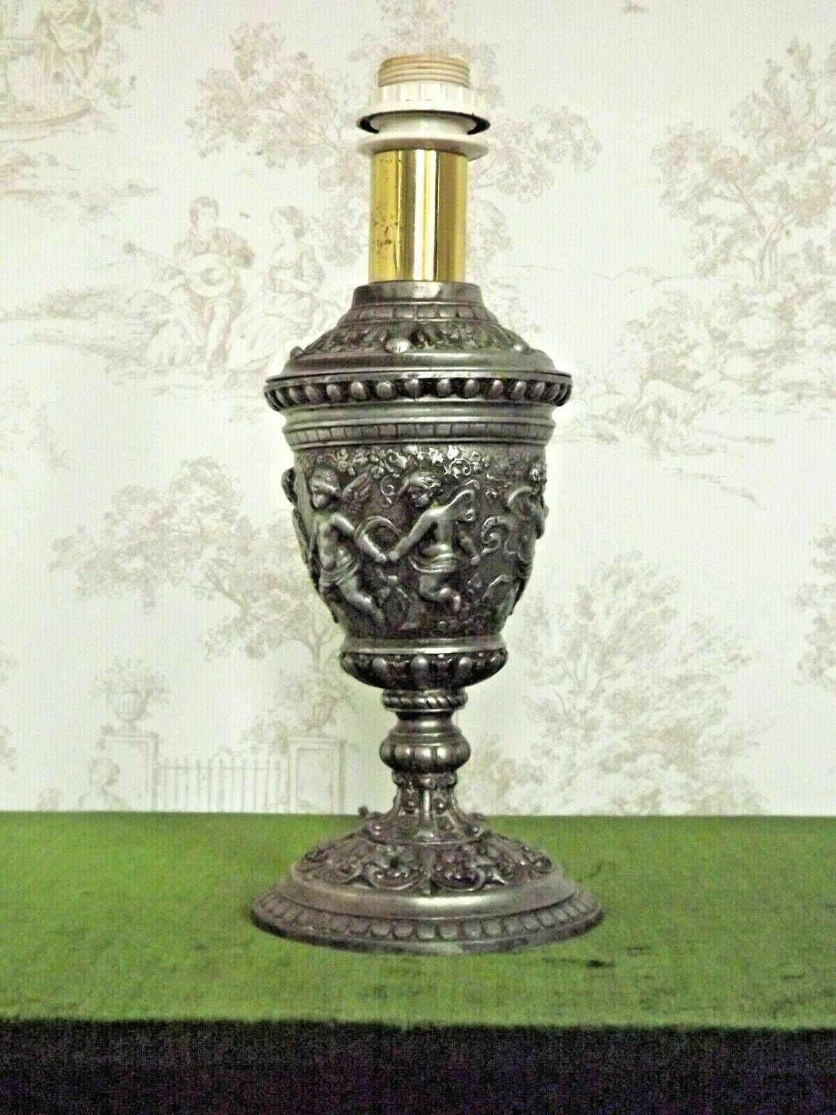 Antique French Pewter Traditional Urn Shaped Lamp Base With Dancing Cherubs   Vintage French Lighting. Cherub Oil Lantern.Pewter Lamp Base