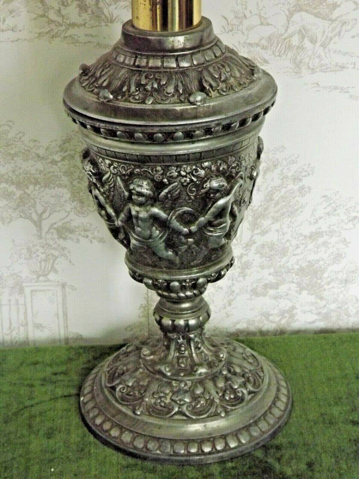 Antique French Pewter Traditional Urn Shaped Lamp Base With Dancing Cherubs   Vintage French Lighting. Cherub Oil Lantern.Pewter Lamp Base photo furniture