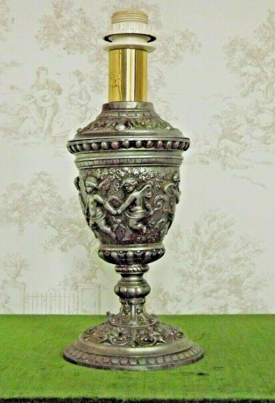 Antique French Pewter Traditional Urn Shaped Lamp Base With Dancing Cherubs   Vintage French Lighting. Cherub Oil Lantern.Pewter Lamp Base photo for sale